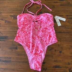 No Boundaries Pink Tropical Toucan Cheeky High Leg 1-Piece Swimsuit Medium 8-10